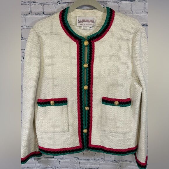 VINTAGE Castleberry Classic Cream Academia Collegiate Tweed Knit Lady Jacket 16 - Picture 1 of 10